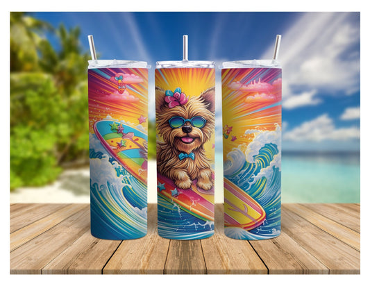 Yorkie at the Beach, 90's Rainbow Colorful 20oz Skinny Stainless Steel Tumbler, Yorkshire Terrier Insulated Travel Mug for Summer