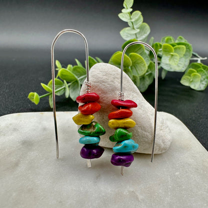 Rainbow Beaded Boho Arch Earrings, Perfect gift, Natural Stone chip multi-color wire earrings in gold, silver or rose gold.