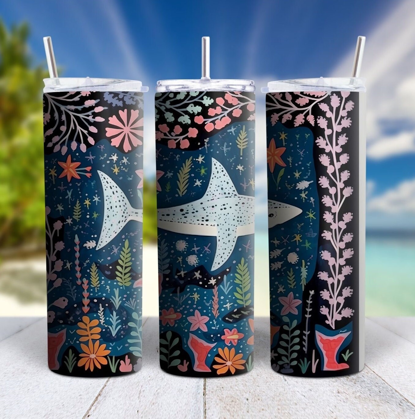 Cute Boho Shark Tumbler, Underwater Folk Art Insulated Cup - Whale shark, Tiger Shark, Reef Sharks for Kids, SCUBA Divers, and Ocean Lovers