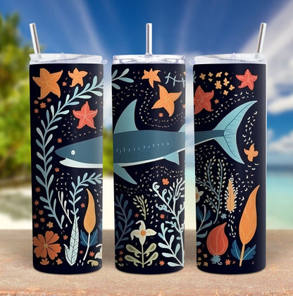 Cute Boho Shark Tumbler, Underwater Folk Art Insulated Cup - Whale shark, Tiger Shark, Reef Sharks for Kids, SCUBA Divers, and Ocean Lovers