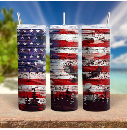 Patriotic American Flag Skinny Tumbler, Bald Eagle Insulated cup for Memorial Day and 4th of July, Red White and Blue Travel Mug
