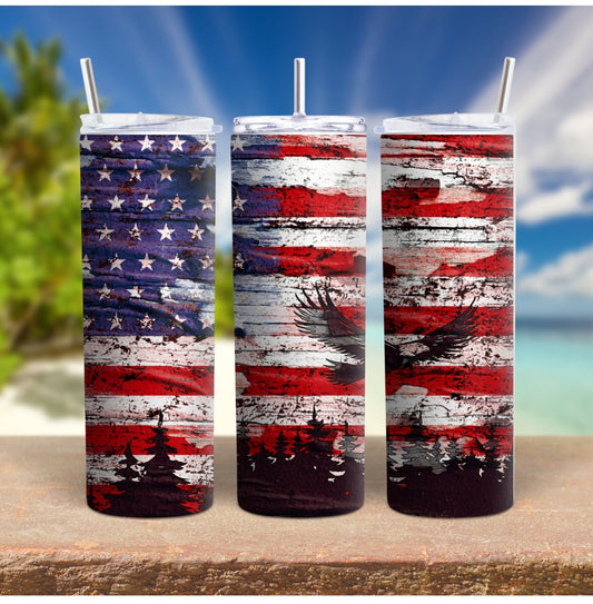Patriotic American Flag Skinny Tumbler, Bald Eagle Insulated cup for Memorial Day and 4th of July, Red White and Blue Travel Mug