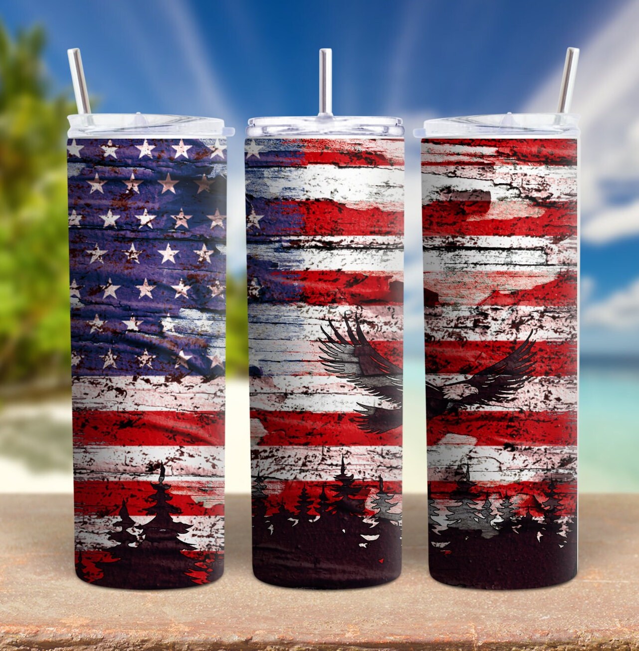 Patriotic American Flag Skinny Tumbler, Bald Eagle Insulated cup for Memorial Day and 4th of July, Red White and Blue Travel Mug