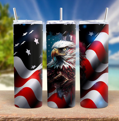 Patriotic American Flag Skinny Tumbler, Bald Eagle Insulated cup for Memorial Day and 4th of July, Red White and Blue Travel Mug