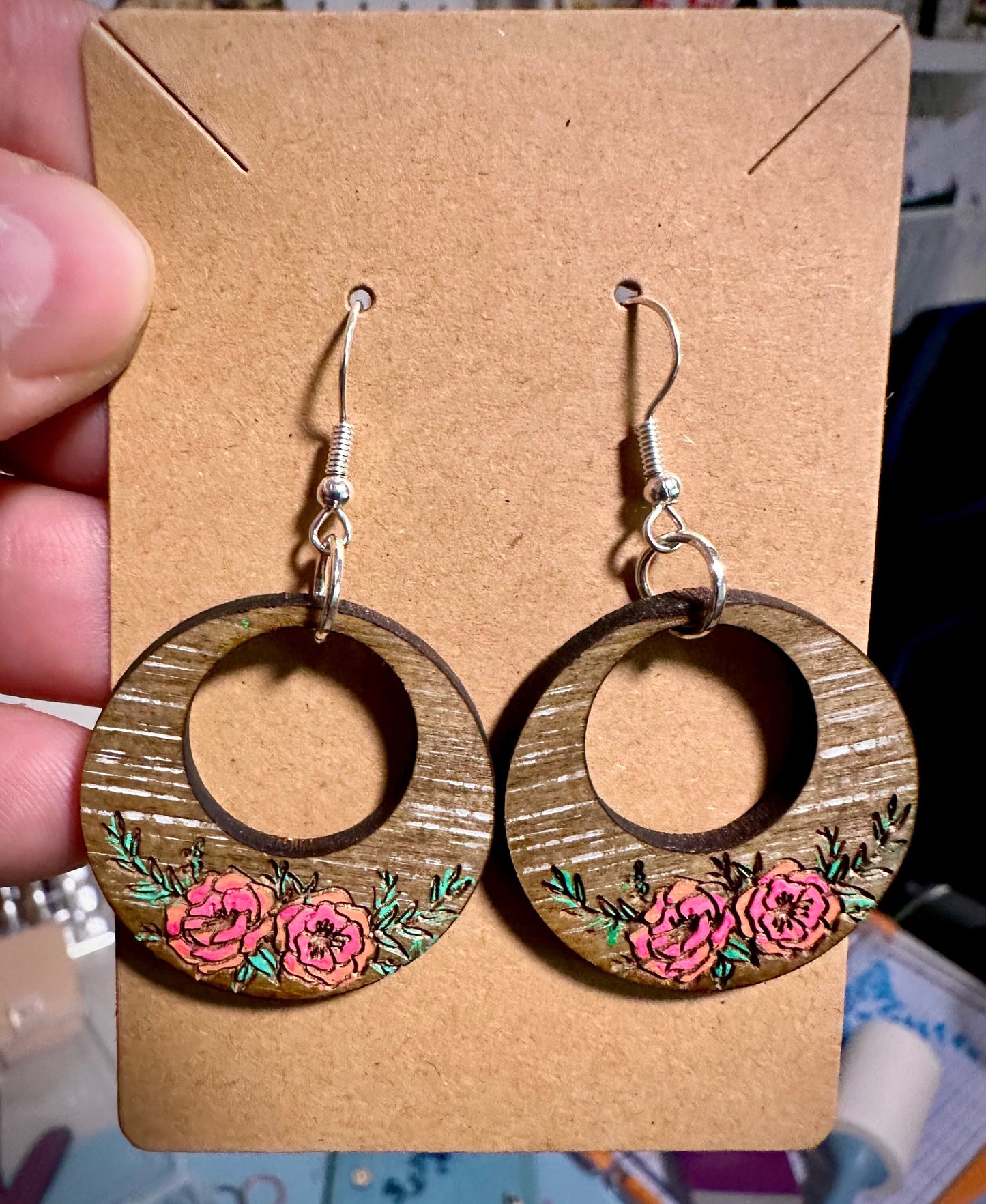 Handpainted Floral Wooden Dangle Earrings - Reclaimed, Upcycled, and Lightweight for everyday wear.