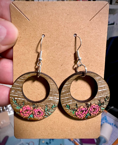 Handpainted Floral Wooden Dangle Earrings - Reclaimed, Upcycled, and Lightweight for everyday wear.