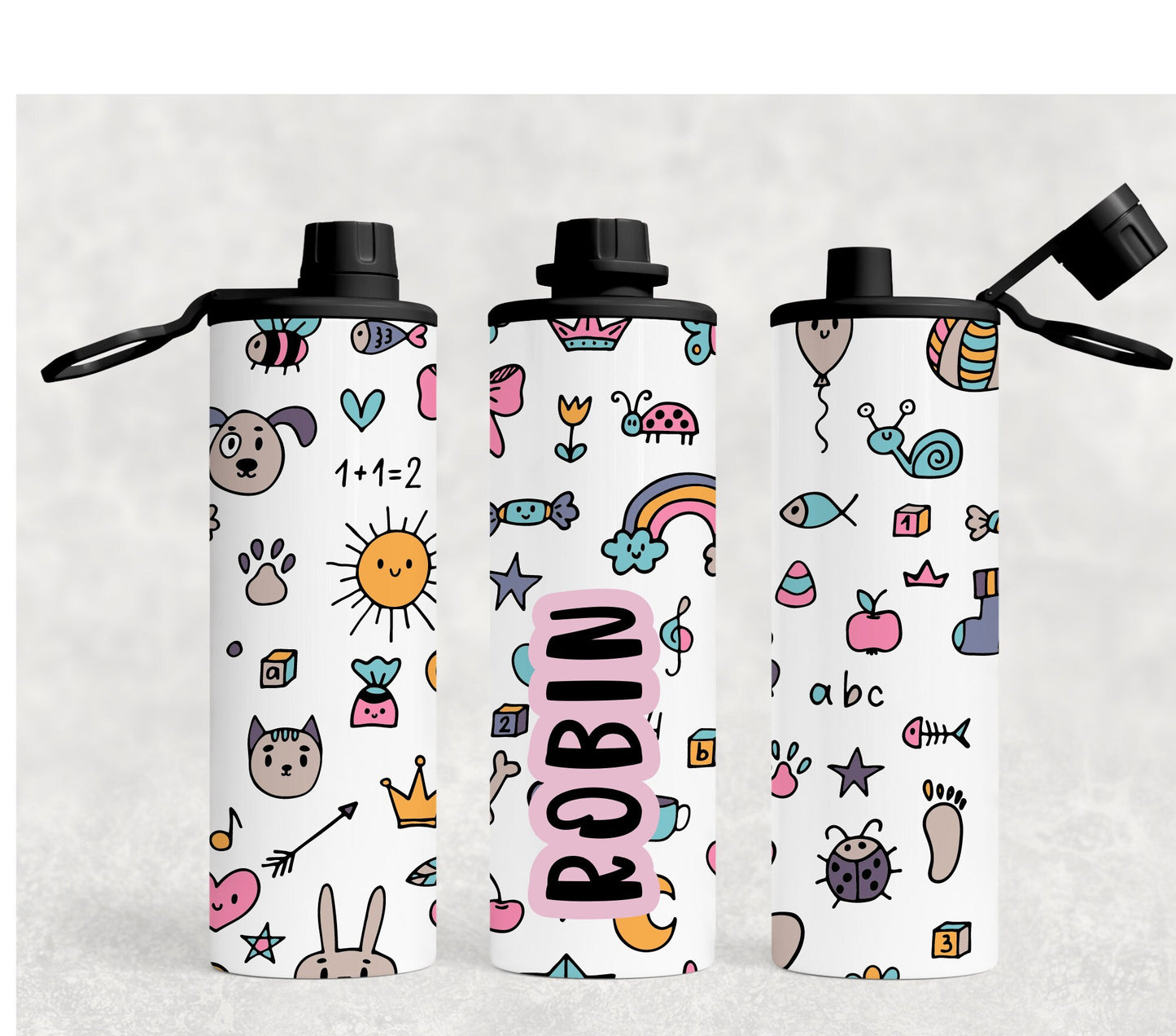 Personalized Kids water bottle for school-20 ounce screw on leak proof lid with dinosaur, mermaids, unicorns and fun 90’s styles
