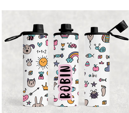 Personalized Kids water bottle for school-20 ounce screw on leak proof lid with dinosaur, mermaids, unicorns and fun 90’s styles