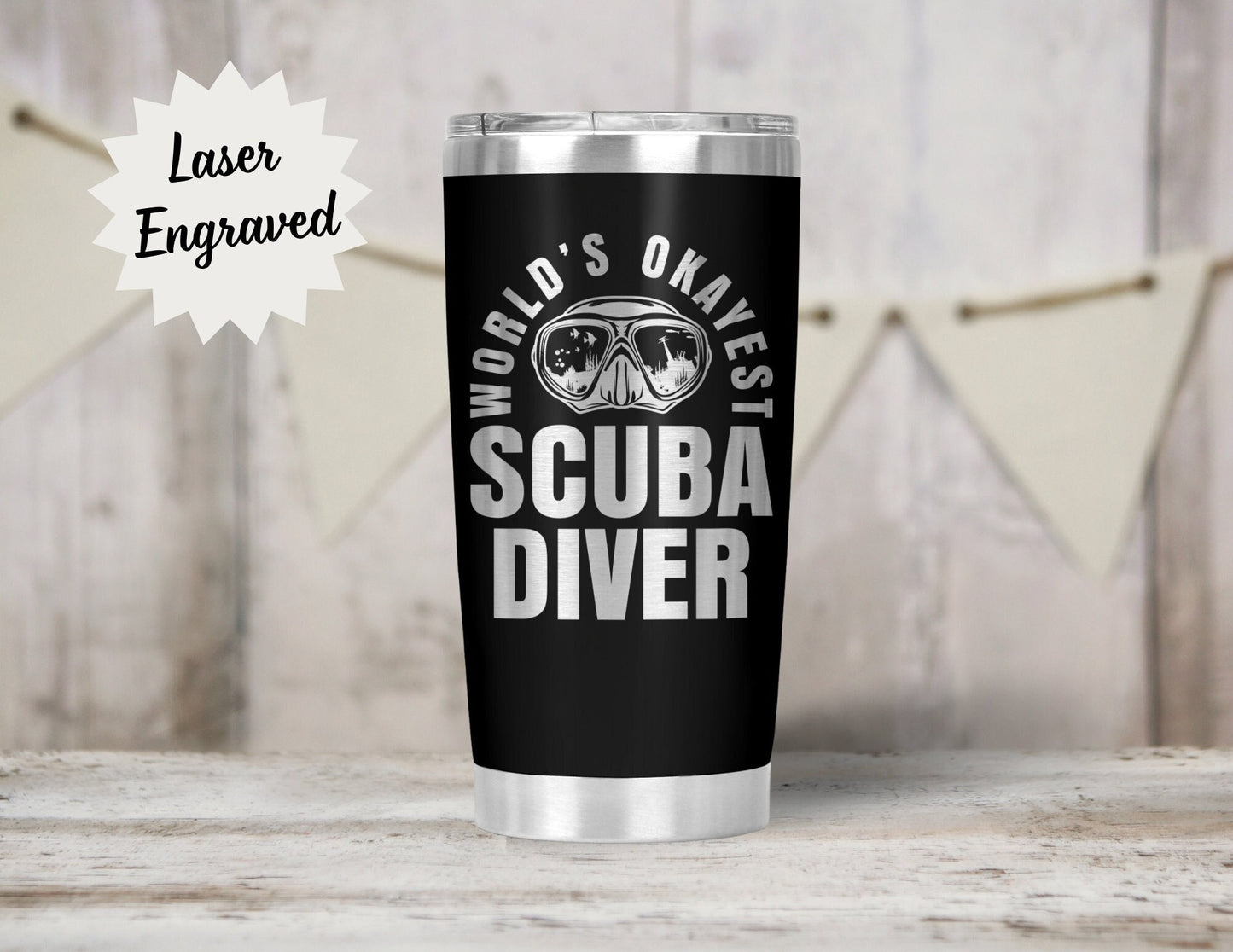 World's Okayest SCUBA DIVER Funny Engraved Insulated 20oz Tumbler w/ Lid, Gift for OK Dive Buddy - Great for Christmas, Keeps Coffee Hot