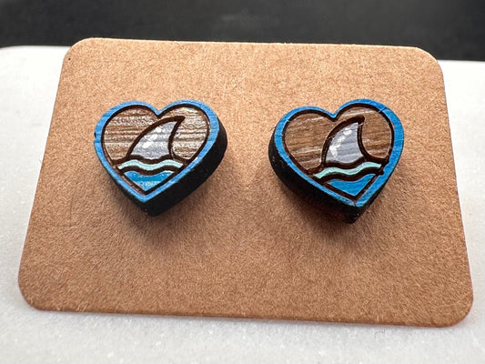 Shark Heart earrings, upcycled reclaimed wood- Shark Fin Studs are a great gift for divers, ocean lovers, and conservationists. SHARK WEEK