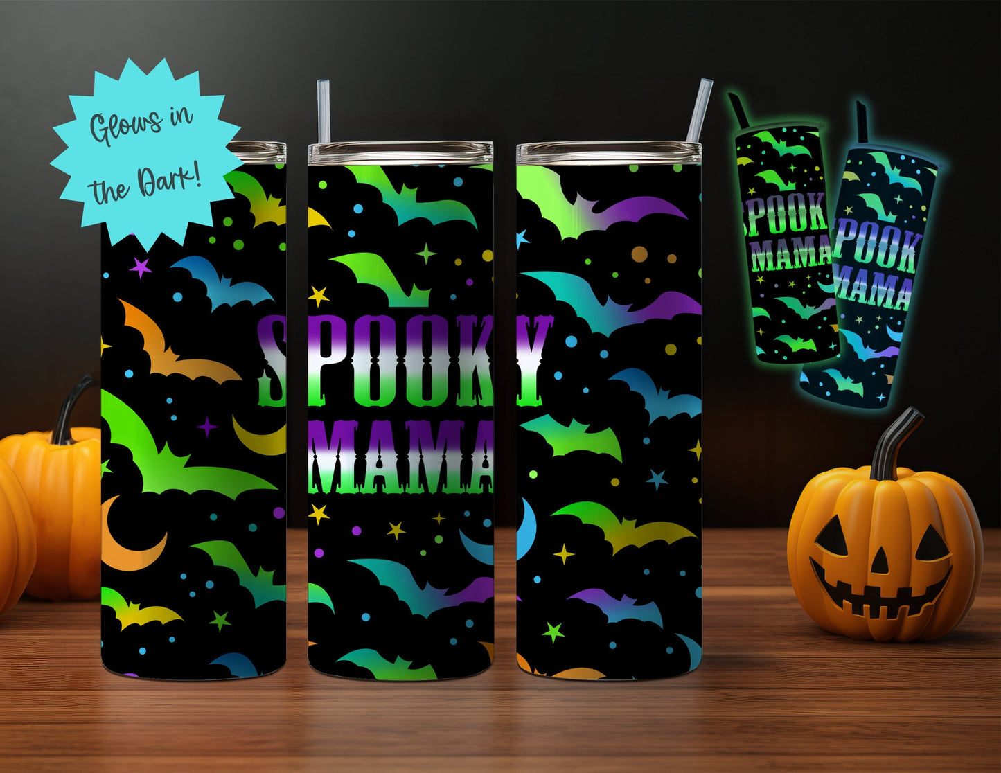 20oz Glow-in-the-Dark Halloween Themed Stainless Steel Tumbler, Mystial Celestial, Bad Witch, Spooky Mama Sugar Skull Design- Blue or Green