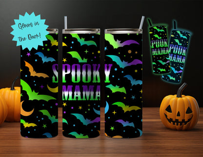 20oz Glow-in-the-Dark Halloween Themed Stainless Steel Tumbler, Mystial Celestial, Bad Witch, Spooky Mama Sugar Skull Design- Blue or Green
