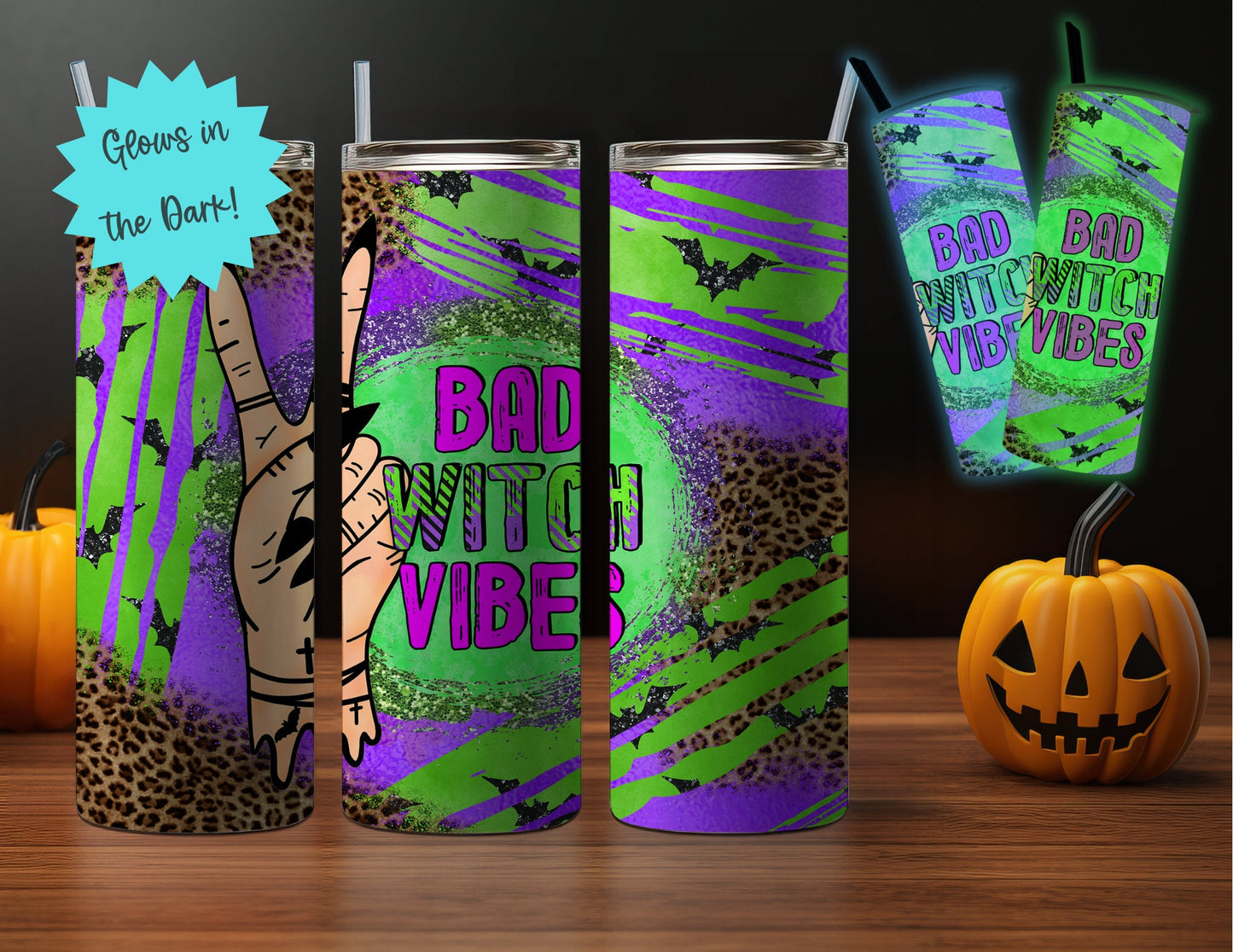 20oz Glow-in-the-Dark Halloween Themed Stainless Steel Tumbler, Mystial Celestial, Bad Witch, Spooky Mama Sugar Skull Design- Blue or Green