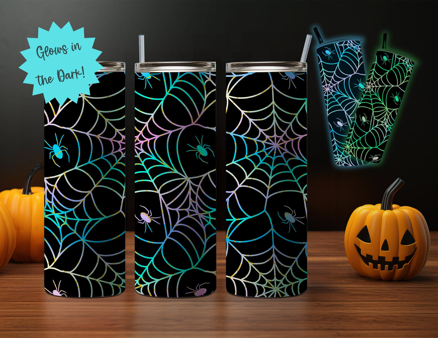 20oz Glow-in-the-Dark Halloween Themed Stainless Steel Tumbler, Mystial Celestial, Bad Witch, Spooky Mama Sugar Skull Design- Blue or Green