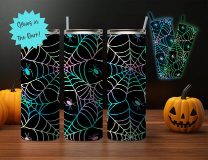20oz Glow-in-the-Dark Halloween Themed Stainless Steel Tumbler, Mystial Celestial, Bad Witch, Spooky Mama Sugar Skull Design- Blue or Green