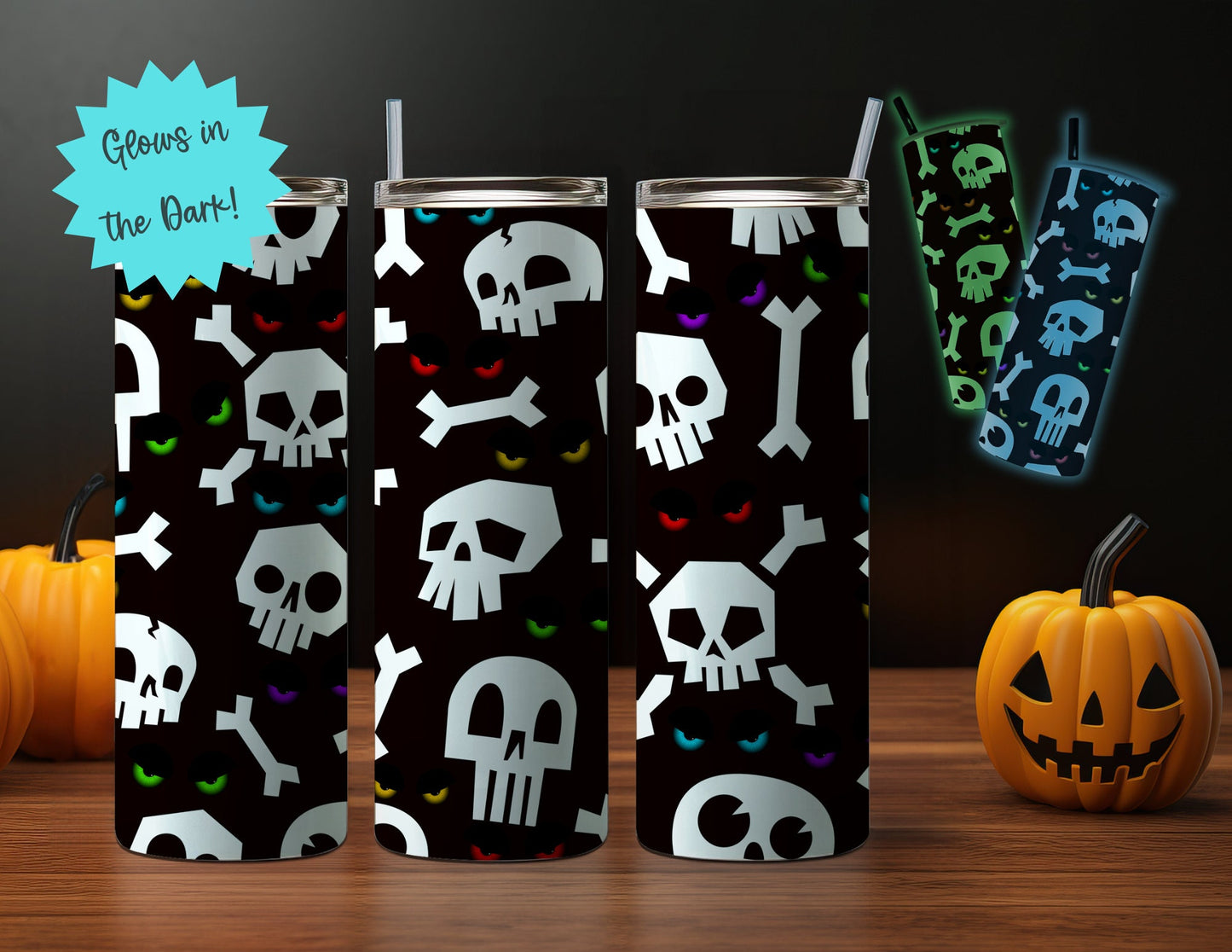 NEON 20oz Glow-in-the-Dark Halloween Themed Stainless Steel Tumbler, Skeletons, Zombies, Haunted House