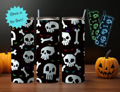 NEON 20oz Glow-in-the-Dark Halloween Themed Stainless Steel Tumbler, Skeletons, Zombies, Haunted House