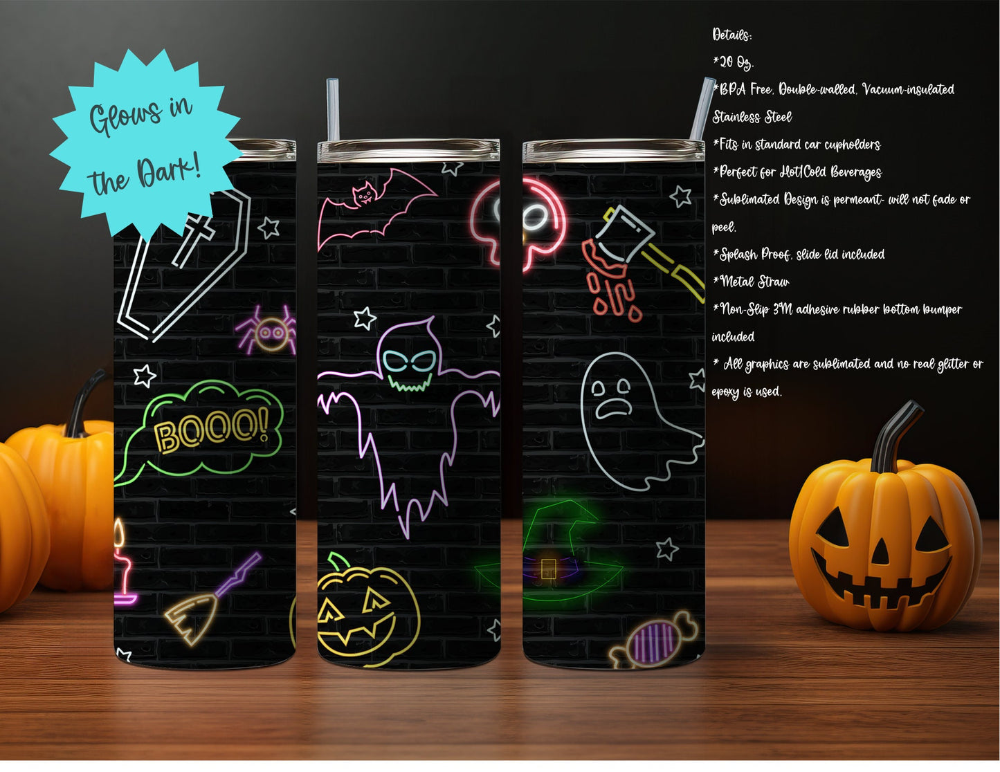 NEON 20oz Glow-in-the-Dark Halloween Themed Stainless Steel Tumbler, Skeletons, Zombies, Haunted House