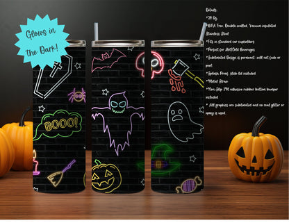 NEON 20oz Glow-in-the-Dark Halloween Themed Stainless Steel Tumbler, Skeletons, Zombies, Haunted House