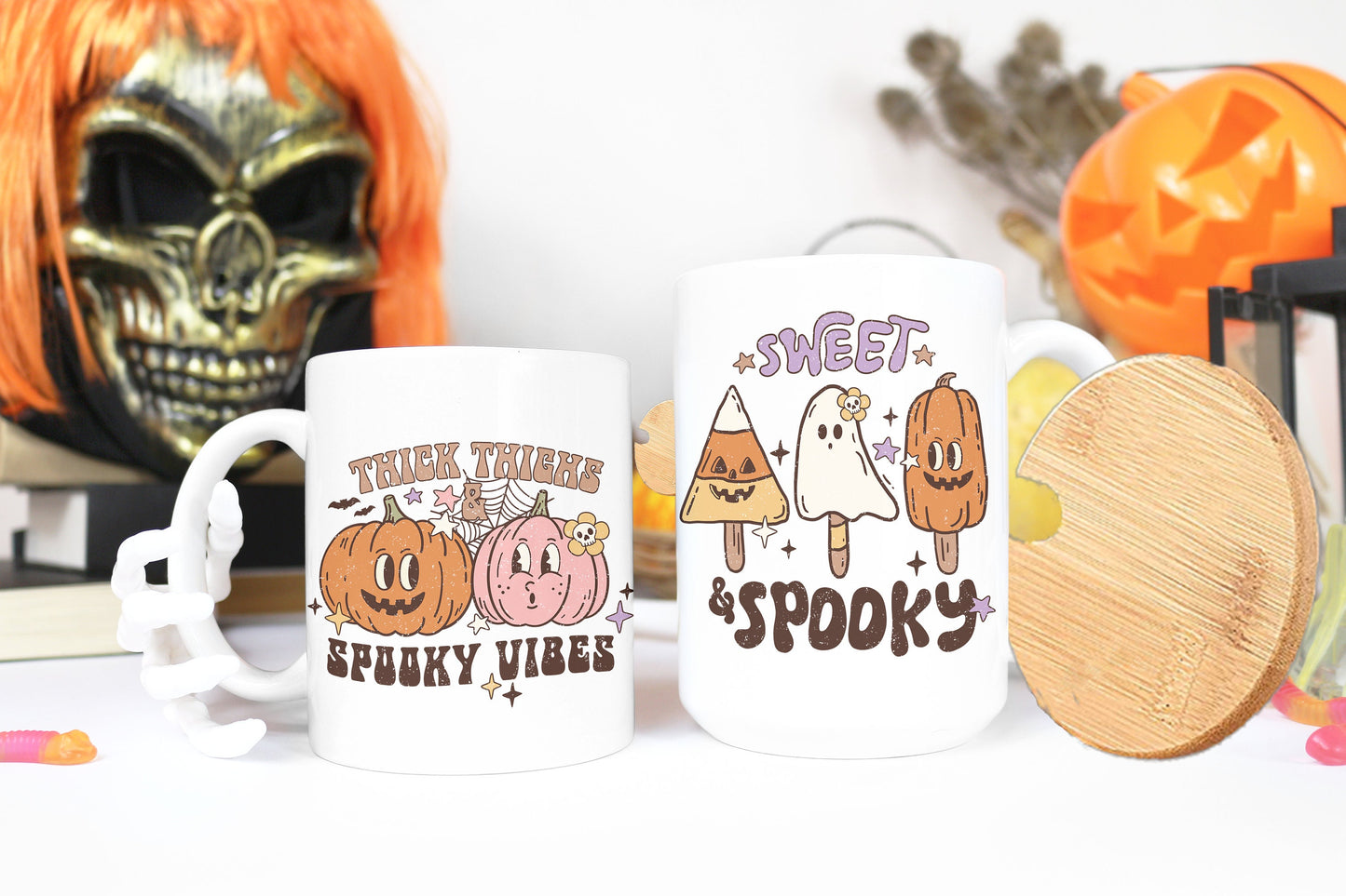 Retro  Halloween Coffee Mug -15oz w/ Bamboo Lid, 11oz or 12 oz Camp mug. Cute & Nostalgic 90's Style- Perfect Gift for your spooky Tea Lover
