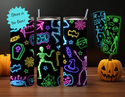 NEON 20oz Glow-in-the-Dark Halloween Themed Stainless Steel Tumbler, Skeletons, Zombies, Haunted House