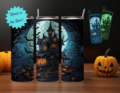 NEON 20oz Glow-in-the-Dark Halloween Themed Stainless Steel Tumbler, Skeletons, Zombies, Haunted House