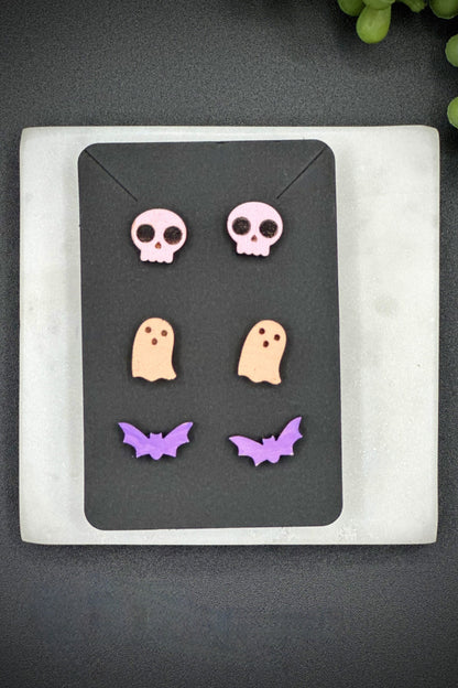 Cute Skull, Bat & Ghost Pastel Stud Earrings -Set of 3 Handpainted Candy Color, Pastel Goth Post Earrings with Optional Snake Dangle Add On!