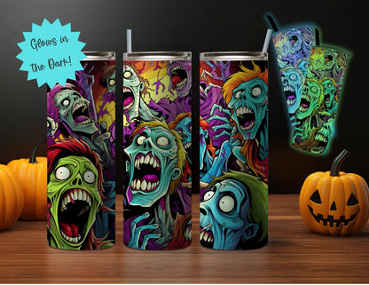 NEON 20oz Glow-in-the-Dark Halloween Themed Stainless Steel Tumbler, Skeletons, Zombies, Haunted House