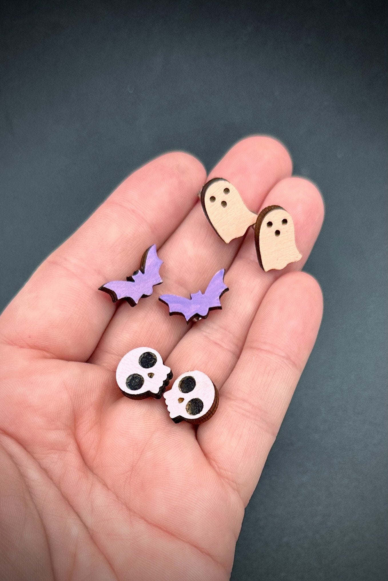 Cute Skull, Bat & Ghost Pastel Stud Earrings -Set of 3 Handpainted Candy Color, Pastel Goth Post Earrings with Optional Snake Dangle Add On!