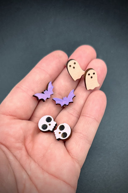 Cute Skull, Bat & Ghost Pastel Stud Earrings -Set of 3 Handpainted Candy Color, Pastel Goth Post Earrings with Optional Snake Dangle Add On!