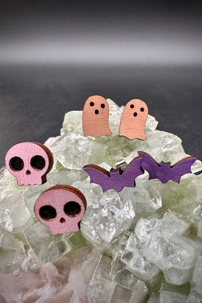 Cute Skull, Bat & Ghost Pastel Stud Earrings -Set of 3 Handpainted Candy Color, Pastel Goth Post Earrings with Optional Snake Dangle Add On!