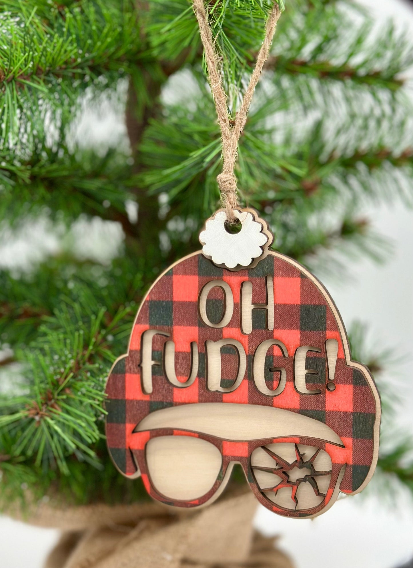 Oh Fudge Christmas Ornament - Handmade wooden with buffalo check hat, and cracked glasses. Character scene from a nostalgic Christmas story.