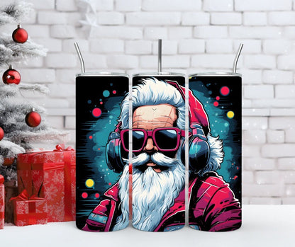 Retro Hipster Santa Tumbler with Headphones - Unique Christmas Gift for Guys - Cool Secret Santa Present - Festive Holiday Drinkware