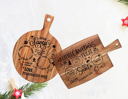 Treats for Santa Customized Acacia cutting board, Milk and Cookies Personalized Santa Claus Snack Serving Board - Childrens Names Engraved