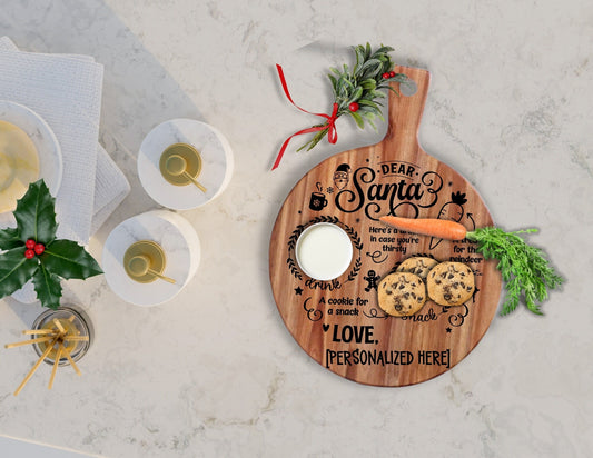 Treats for Santa Customized Acacia cutting board, Milk and Cookies Personalized Santa Claus Snack Serving Board - Childrens Names Engraved