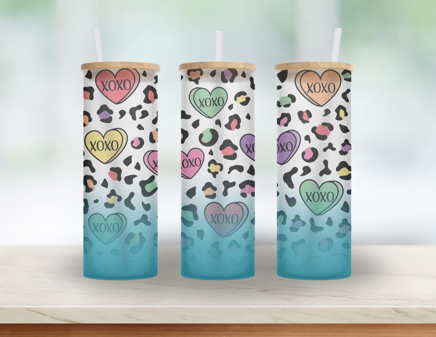 Valentine's Day Gift for Bestie, 90's Mom or Girlfriend- 25 oz Conversation Heart, Rainbow Leopard Glass tumbler with bamboo lid and straw