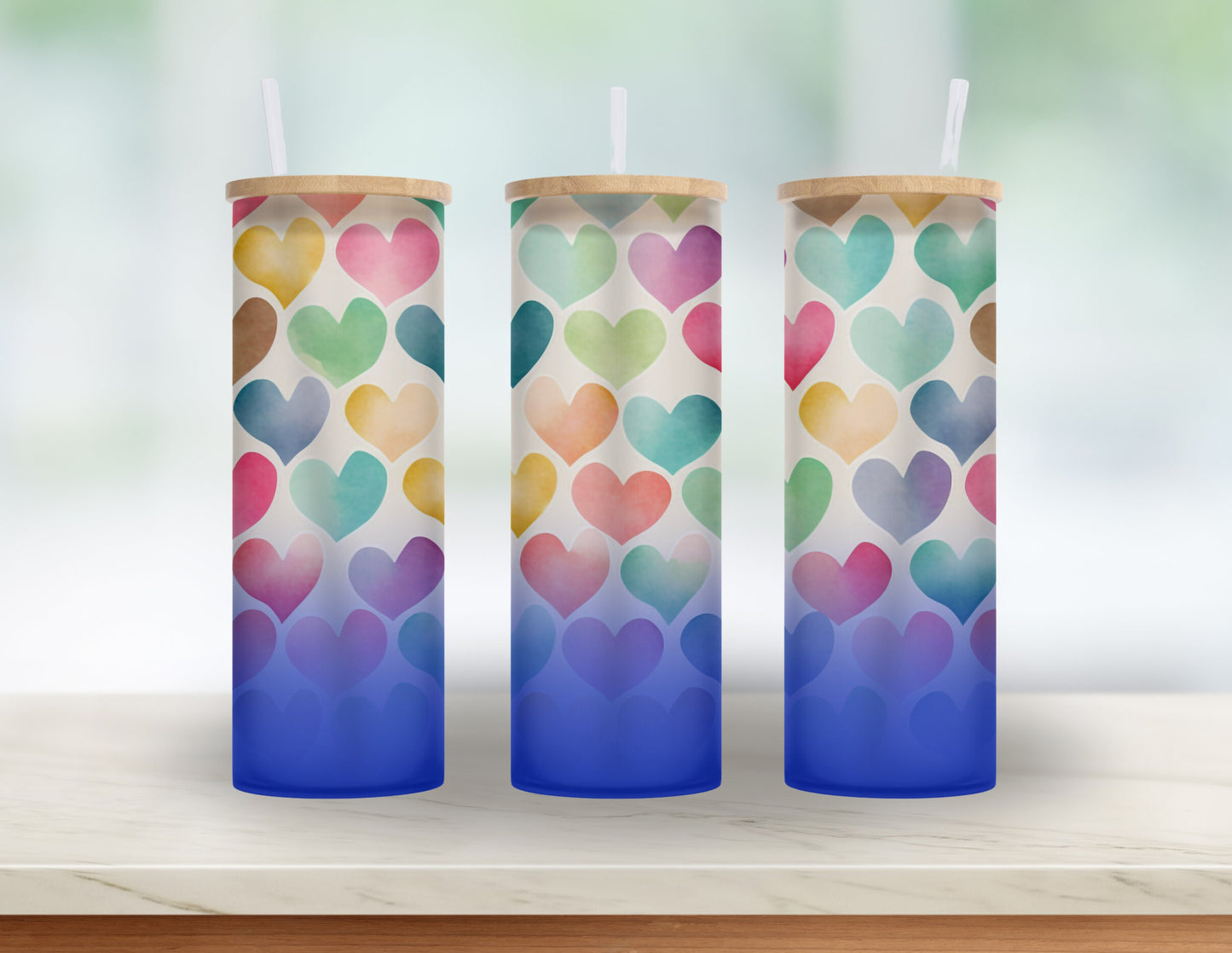 Valentine's Day Gift for Bestie, Daughter, Teacher or Girlfriend- 25 oz Watercolor Heart,  Glass tumbler with bamboo lid and straw.
